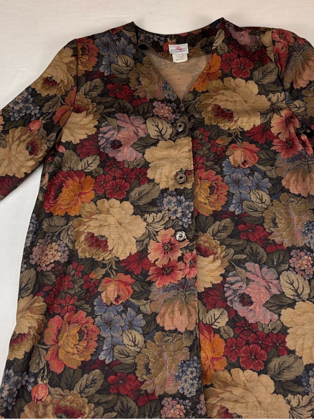 Vintage Floral Button-Down Shirt in Black, Gold, Red and Blue